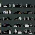 Stylish Black Floating Wall Cabinets on Gray Wall with Decorative Items Books Plants and Ornaments