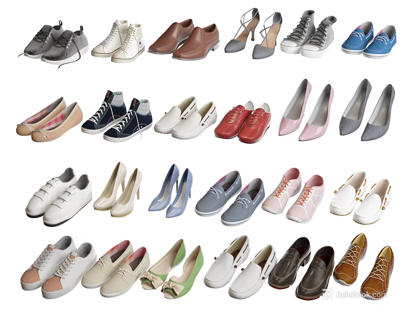Diverse Stylish Shoes Collection Featuring Sneakers Heels Loafers And Flats In Various Colors 3d model 