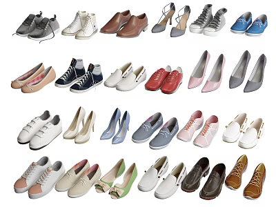 Diverse Stylish Shoes Collection Featuring Sneakers Heels Loafers And Flats In Various Colors 3d model