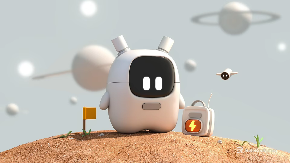 Smart Robot With Antenna Ears And Lightning Energy Device On Sandy Ground In Space 3d model 