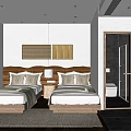 Hotel Guest Room Featuring Twin Beds Wooden Headboards Bedside Lamps And Open Bathroom