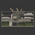 Industrial Metal Shelves Storage Unit With Rolled Items Wooden Crates And Green Boxes