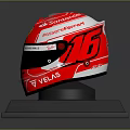 Red Ferrari Racing Helmet With Santander Text And VELAS Brand On Black Base Stand