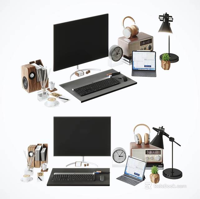 Organized Computer Desk Setup With Monitor Keyboard Laptop Headphones Microphone And Accessories 3d model 
