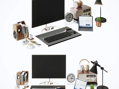 Organized Computer Desk Setup With Monitor Keyboard Laptop Headphones Microphone And Accessories 3d model
