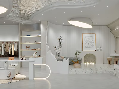 Modern Clothing Store Interior With White Decor Apparel Racks Staircase Artwork And Lighting 3d model
