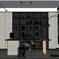Modern Elegant Study Room Interior With Glass Shelves Decorative Figurines And Arc Floor Lamp