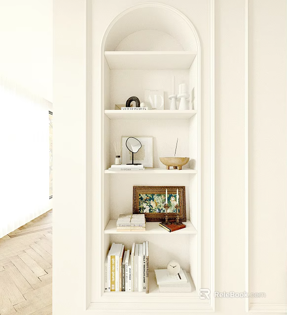 White Bookcase Interior With Multiple Shelves And Decorative Items Including Books Mirror And Picture Frame 3d model 