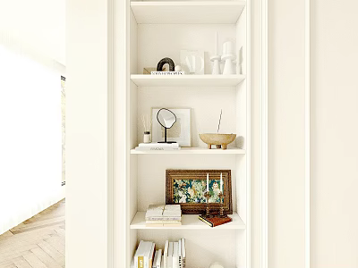 White Bookcase Interior With Multiple Shelves And Decorative Items Including Books Mirror And Picture Frame 3d model