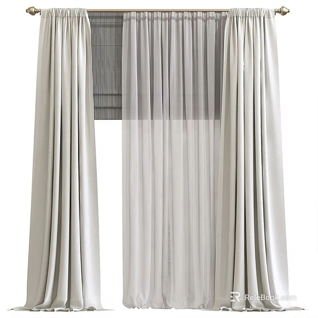 Modern Beige Linen Window Curtains With White Sheer Layer And Pleated Design 3d model