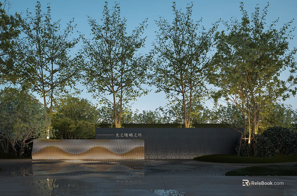 Modern Landscape Wall With Curved Textured Design And Trees By Water Surface 3d model 