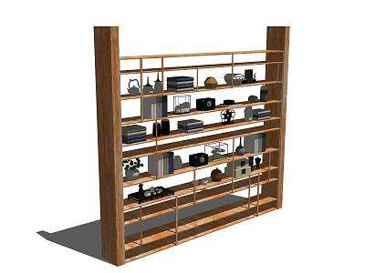 Natural Wood Open Bookshelf With Multiple Shelves Holding Books And Decorative Items 3d model