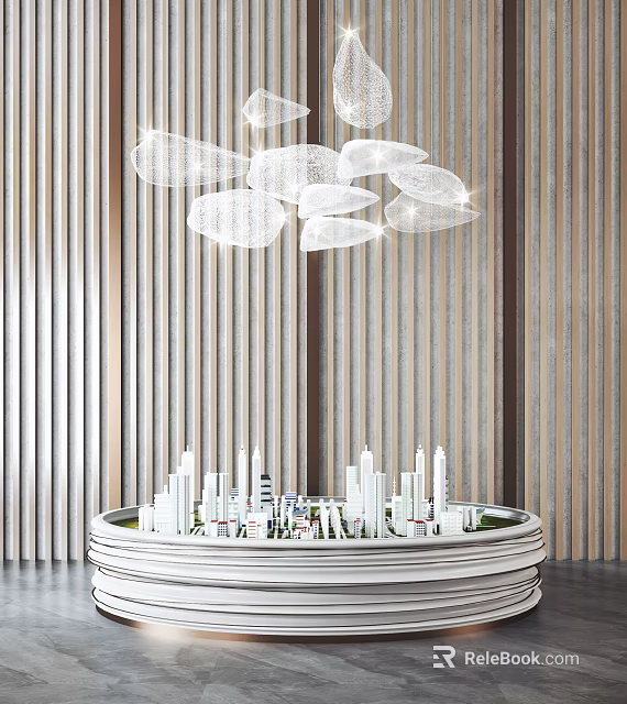 Contemporary Commercial Equipment With Circular Display Platform City Models Wooden Striped Wall And Modern Chandelier 3d model 