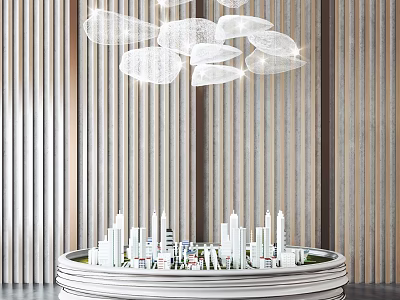Contemporary Commercial Equipment With Circular Display Platform City Models Wooden Striped Wall And Modern Chandelier 3d model
