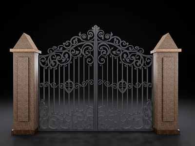 Classic Black Iron Gate With Ornate Design And Stone Pillars On Both Sides 3d model