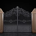 Classic Black Iron Gate With Ornate Design And Stone Pillars On Both Sides