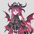 Woman with Long Red Hair Black Horns and Black Wings Wearing Black Purple Outfit with Lace Strappy Design