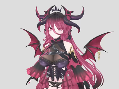 Woman with Long Red Hair Black Horns and Black Wings Wearing Black Purple Outfit with Lace Strappy Design 3d model