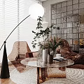Elegant Sofa Coffee Table Set With Transparent Round Glass Top Green Plants And White Blinds
