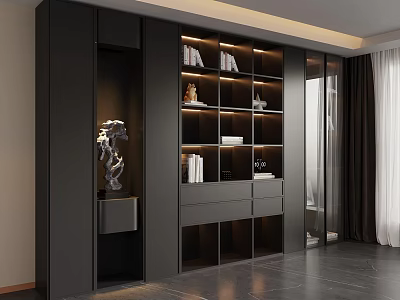 Modern Black Bookcase Interior Design With Multiple Shelves Lighting And Decorative Items 3d model