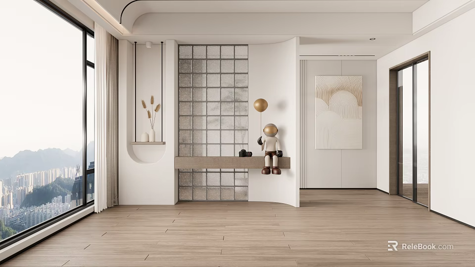 Minimalist Modern Entryway Hallway Interior With Grid Partition Wooden Flooring And Round Wall Lamp 3d model 