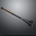 Medieval Fantasy Weapon with Wooden Handle and Ornate Metal Spiked Head Detailed Carvings