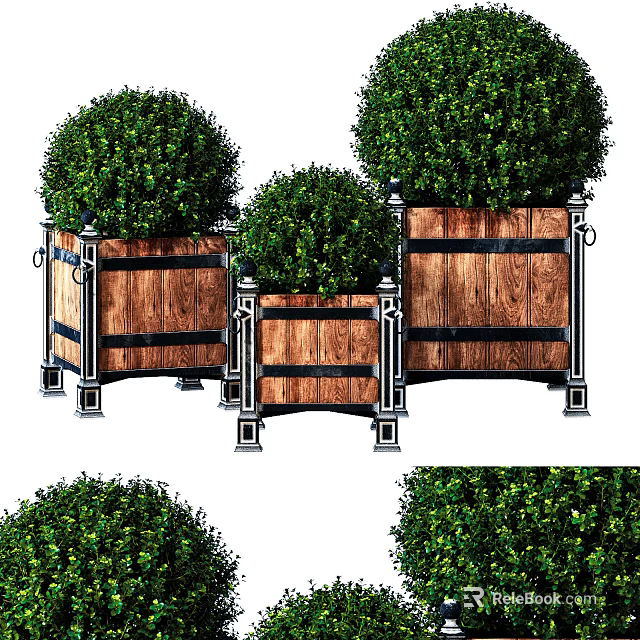 Garden Decorative Planters With Wooden Structure Green Shrubs And Metal Accents 3d model 
