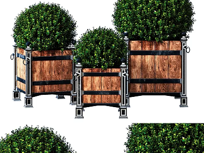 Garden Decorative Planters With Wooden Structure Green Shrubs And Metal Accents 3d model