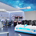 Modern Gaming Entertainment Club With Starry Sky Ceiling Arcade Machines Racing Seats And Computer Stations