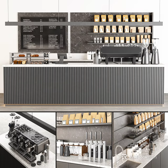 Modern Reception Desk With Black Counter Coffee Machine And Coffee Bean Shelves 3d model 