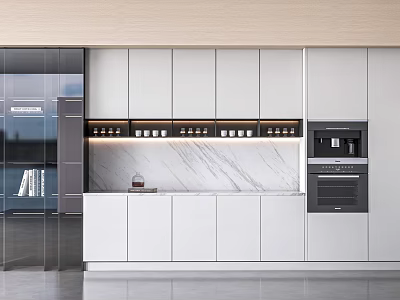 Modern Kitchen Interior With White Cabinets Marble Countertop Built In Coffee Machine And Oven 3d model