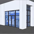Blue Retail Store Interior With Display Wall Shelves And Self Service Kiosk
