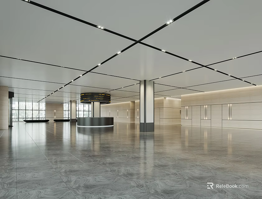 Modern Front Desk Reception Area In Spacious Lobby With Marble Counter And Lighting 3d model 