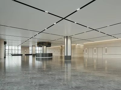 Modern Front Desk Reception Area In Spacious Lobby With Marble Counter And Lighting 3d model