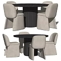 Modern Dining Table Set With Round Black Ribbed Table And Beige Padded Chairs 3d model