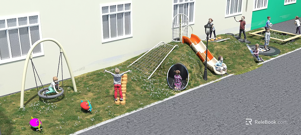 Children's Play Area With Orange Slide Climbing Net Tunnel And Grass For Kids Playing 3d model 