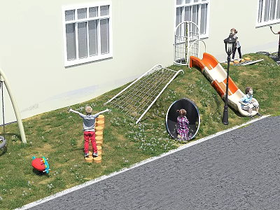 Children's Play Area With Orange Slide Climbing Net Tunnel And Grass For Kids Playing 3d model