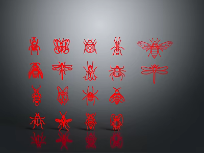 Red Insect Silhouettes Collection Featuring Various Types With Reflections On Dark Background 3d model