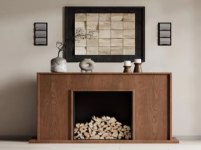 Modern Wooden Fireplace Interior With Stacked Firewood Decorative Mantel And Framed Artwork 3d model
