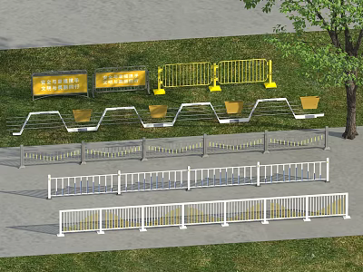 Different Types of Outdoor Fences in Yellow White Gray with Grass Tree and Warning Signs 3d model