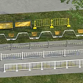 Different Types of Outdoor Fences in Yellow White Gray with Grass Tree and Warning Signs