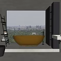 Modern Bathroom Interior With Large Window Orange Bathtub Black Shelving And Mirror