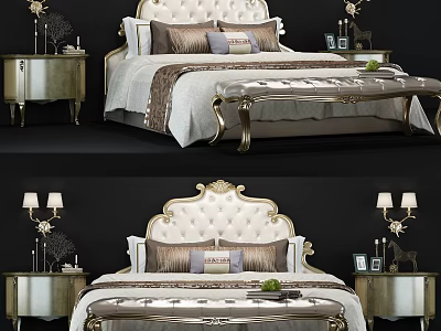 Luxurious Double Bed With Ornate Golden Headboard Matching Nightstands And Bench 3d model