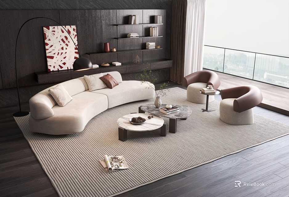 Modern Living Room With Cream Curved Sofa Coffee Table Set Accent Chairs And City View 3d model 