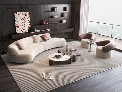 Modern Living Room With Cream Curved Sofa Coffee Table Set Accent Chairs And City View 3d model