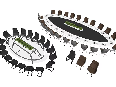 Oval Conference Table with Green Plant Centerpiece in Modern Office Meeting Room with Surrounding Chairs 3d model