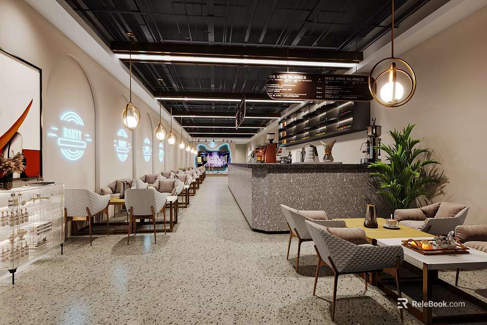 Modern Café Interior With Open Layout Gray Sofas Wooden Tables And Pendant Lights 3d model 