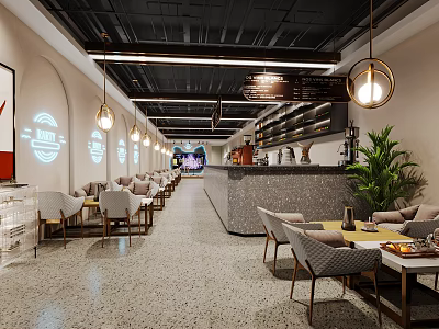 Modern Café Interior With Open Layout Gray Sofas Wooden Tables And Pendant Lights 3d model