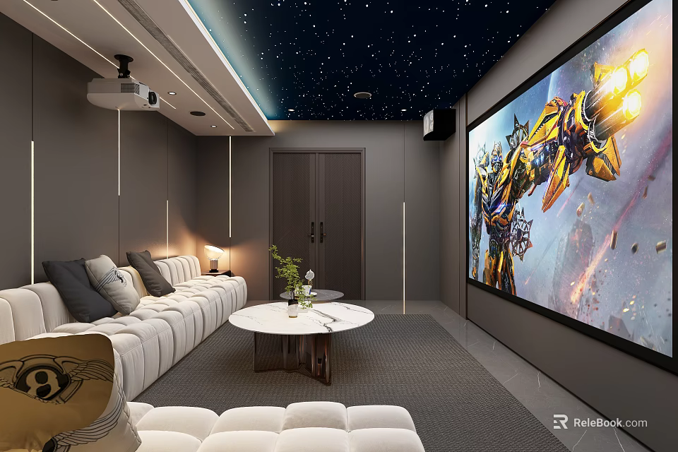 Modern Home Theater Room Interior With Starry Ceiling Projector Large Screen And Comfortable Sofa 3d model