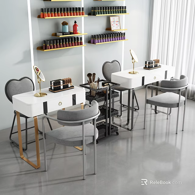 White Functional Desk With Gold Accents Gray Chairs Mirrors Cosmetics On Table And Background Shelves 3d model 